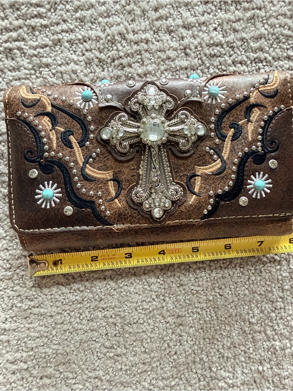 Western Cross Embellished Wallet - Brown with Turquoise Accents